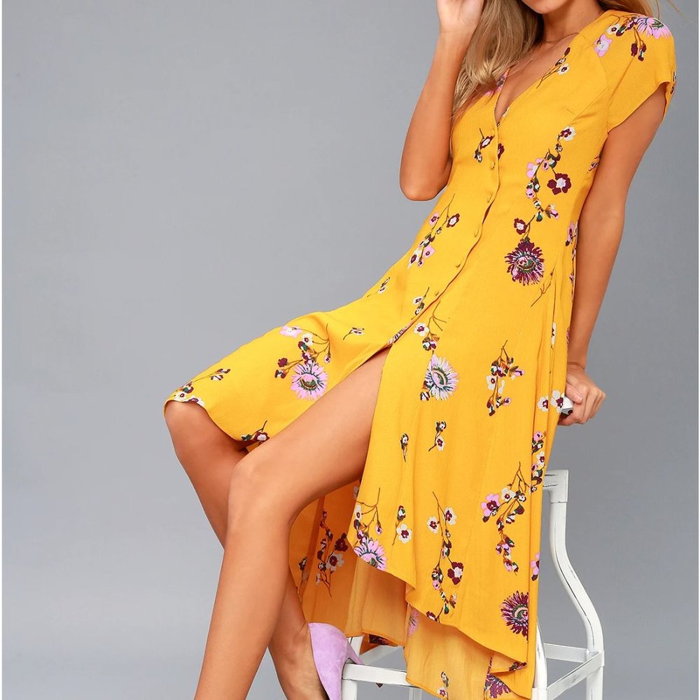 Free People Lost in You Golden Yellow Floral Maxi Dress Medium